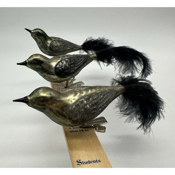 3 Blown Glass Bird Clip On Ornaments Feather Tails Gold & Black Glitter Vintage - Picture 4 of 16